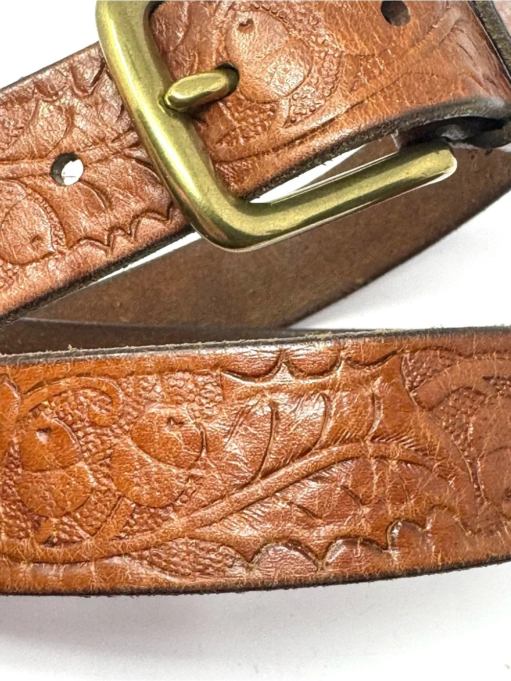 LRL Ralph Lauren Brown Tooled Leather Western Belt Leaves Acorns Brass Buckle